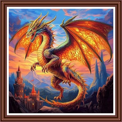 Dimensean Counted Cross Stitch Kit for Beginners, 11CT Unprinted Cross-Stitch Kit Easy Patterns Needlepoint Kit Cross Stitching Embroidery Kit Supplies-Castle Dragon 18x18 inch - color: ColornNEW25