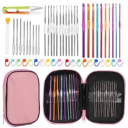 IMZAY 54 Pcs Crochet Hooks Set 0.6–6.5mm Ergonomic Crochet Needles Set - color: Pink, size: 54 Pcs
