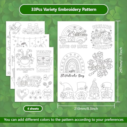 ORIGACH 4 Sheets Saint Patrick's Day Water Soluble Embroidery Patterns Stabilizers - Pre-Printed Lucky Shamrock Gnome Hat & Truck Designs - Stick & Stitch Embroidery Paper for Hand Sewing Lovers - color: Lucky Shamrock Gnome Hat & Truck