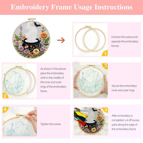 Zhenqing 4-Piece Halloween Embroidery Kit for Beginners - Spooky Ghost, Witch Hat, Black Cat & Cauldron Designs with Pre-Printed 29x29cm Cotton Fabric, Hoop, Threads & Tools(C0165) - style: C0165