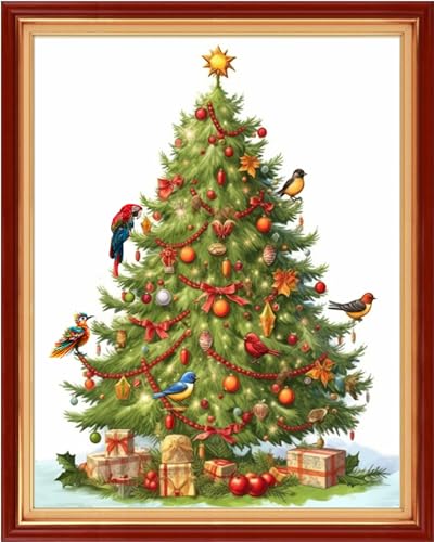 Dimensean Stamped Cross Stitch Kits Full Range of Embroidery Patterns Starter Kits for Beginners Adult DIY Cross Stitches Needlepoint Kits 11CT-Christmas Tree Bird 16x20 inch - color: Craftpattern39