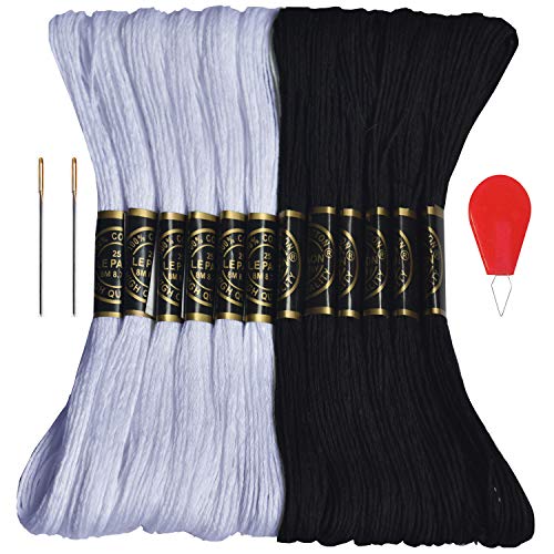 Premium Embroidery Floss-Cross Stitch Threads-Friendship Bracelets Floss-Crafts Floss-Black,White-Hand Embroidery Thread 12 Skeins Per Pack and Free Set of 2 Embroidery Needles and 1 Needle Threader - color: 6white6black, size: 12skeins