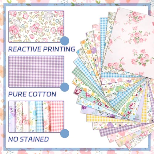 Kingdder 15 Pcs 20 x 20 Inch Floral Gingham Quilting Fabric Bundles Colorful Flower Fat Quarters Squares Pastel Fabric by The Yard Precuts Patchwork for Summer DIY Sewing Home Craft Decor - style: Spring Gingham