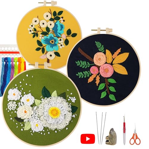 LX LERMX Embroidery Kits for Beginners, Adult Starter Cross Stitch Kit Needlepoint Complete DIY Kit with Unique Patterns, Hoop, Colorful Threads, Tools, Step by Step Instructions & Video Tutorial - color: Pattern 10 - 3PCS
