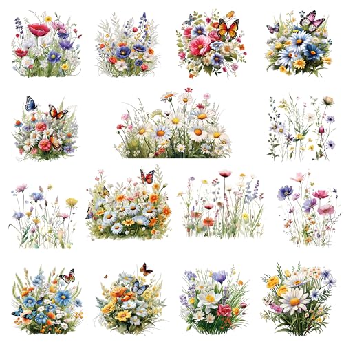 15 Pcs Wild Flower Iron on Decals Transfers, Floral Butterfly Heat Transfer Patches for T-Shirts, Spring DTF Heat Transfer Stickers for Clothes, Hats and Pillows DIY - style: Wild Flower
