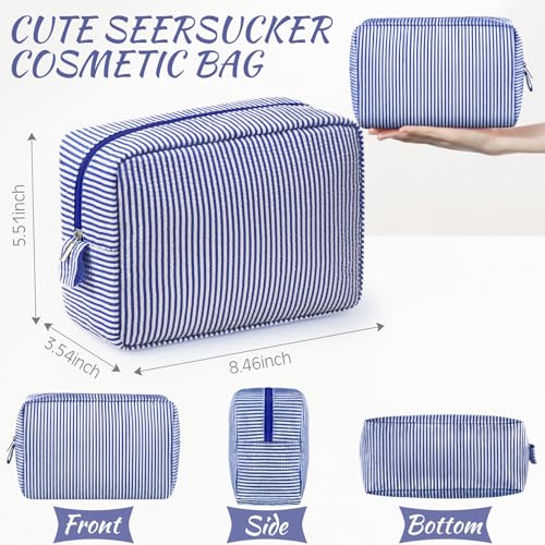 Sanwuta 3 Pcs Seersucker Makeup Bags, Navy Blue - color: Navy Blue