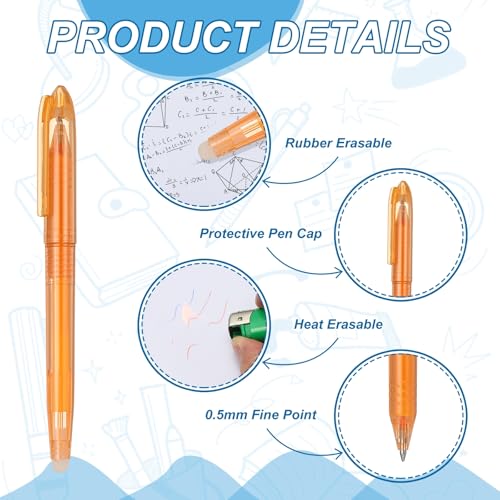 PATIKIL 12Pcs Erasable Gel Pens, 0.5mm Fine Point Heat Erasable Marking Pen with Cap Smooth Writing Fabric Markers for Sewing Drawing Writing Planner, Orange Ink - color: Orange