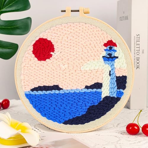 Woohome Punch Needle Kit Included Plastic Hoops, Punch Needle Cloth, Color Yarn and Punch Needle Tools for Adults, Beginners (Lighthouses, Sailboats, Blue Sky) - color: Color 15