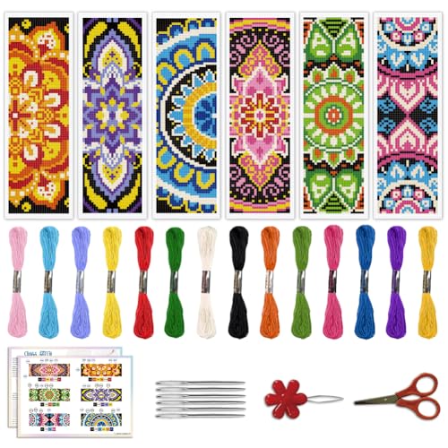 ACRNIGHEET 6PCS Cross Stitch Bookmark Kit for Beginner Mandala Stamped Cross Stitch Kits for Adults DIY Embroidery Bookmark Kits Crossstitch Kits Adult with Instructions Hand Craft Gift 11CT - style: Mandala patterns