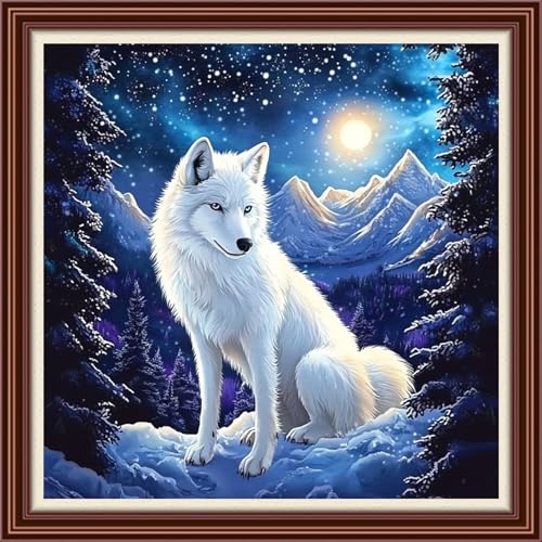 Dimxvean Counted Cross Stitch Kits for Adults,11CT Unprinted Cross-Stitch Pattern Embroidery Kit Cross Stitching Kit Supplies Needleworks Set-Night Moon Snow Wolf 18x18 inchs - color: SetColor06