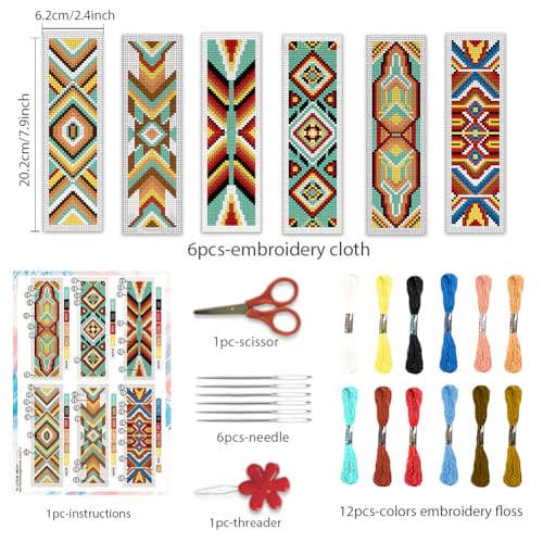 BEUNITONE Cross Stitch Bookmarks Kit 6 Pcs Geometric Pattern DIY Bookmarks Cross Stitch Kits for Beginners Boho Floral Fabric Bookmark Kit Traditional Decorative Counted Knitting Kit 8''x2.4'' - style: Indian Floral Pattern