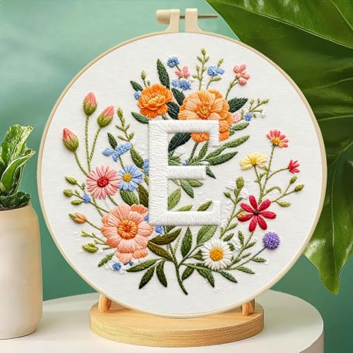 Zhenqing Letter E Floral Embroidery Kit for Beginners, Pre-Printed 29x29cm Cotton Fabric with 20cm Hoop, Elegant Monogram Art for Home Decor(C0088)
