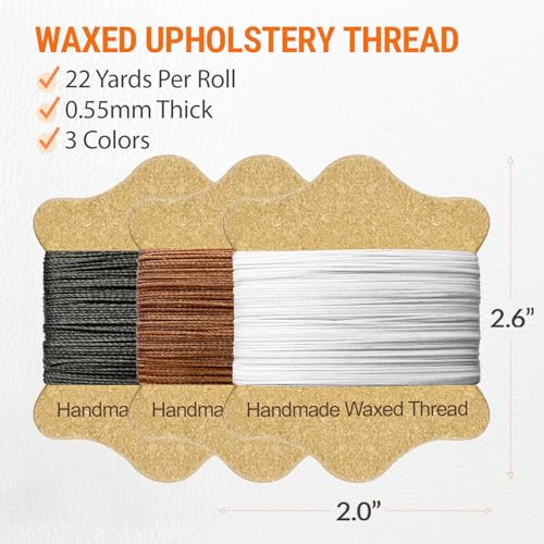 VONEEDL Upholstery Repair Kit: Waxed Sewing Thread (3 Colors) & Heavy Duty Needles (11 PCS) for Leather, Canvas & Quilting Thread - color: Black, White, Brown