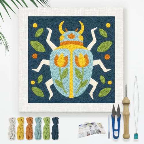 Doodlream Beetle DIY Punch Needle Embroidery Kit for Adult Beginner, 9.4" Scarab Flower Animal Punch Stitching Craft Set for Starter with Frame, Fabric Pattern, Threader, Yarn, Pinch Needle - color: Beetle