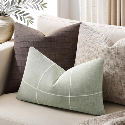 2 Packs Grid Embroidery Lumbar Pillow Covers 12x20in Sage Green - color: Light Sage Green, size: 20" x 12" (Pack of 2)