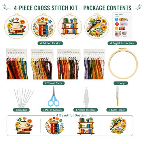 Zhenqing 4 Pack Book Lover Stamped Cross Stitch Kit for Beginners - color: 4 cozy book, flower and bird