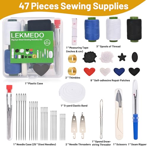 47pcs Big Eye Steel Sewing Needles Kit,Needle and Thread Sewing Kit,Portable Steel Needles for Hand Sewing with Repair Patch,Seam Ripper,Storage Box Supplies for Repairing Quilting Embroidery Crafts