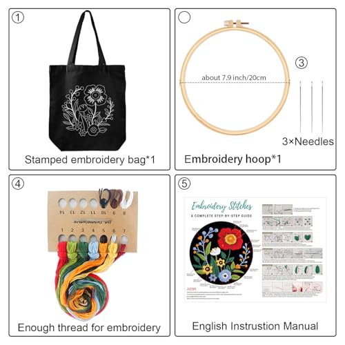 Louise Maelys Embroidery Kit Canvas Tote Bag with Floral Pattern DIY Crafts - color: flower 2