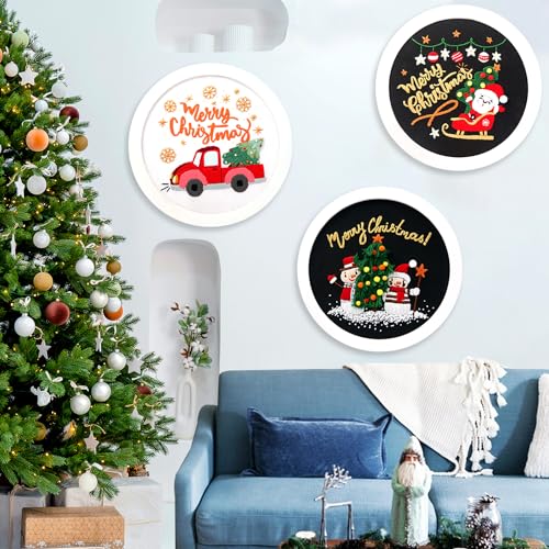 3 Sets Christmas Embroidery Starter Kit with Pattern for Beginners, Embroidery Kits with Christmas Pattern, Cross Stitch Set with Plastic Embroidery Hoops, Color Threads, Tools and Instructions - color: Xmas Black White
