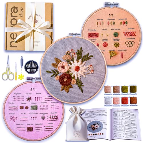nevora shop Beginner Embroidery Kit for Adults with 3 Hoop