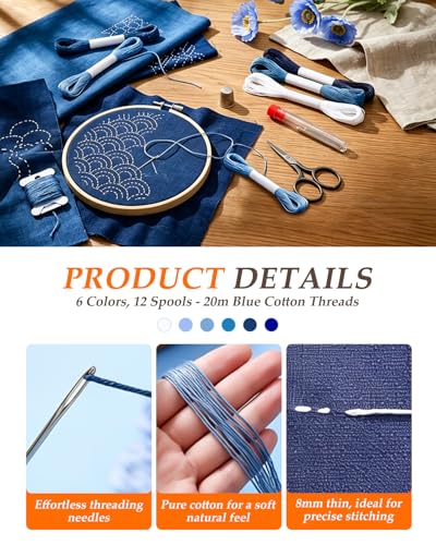 eZAKKA 51 Pack Blue Sashiko Kit with 30 Templates, 9 Needles & 12 Threads - color: Blue Sashiko Full Kit (51Pcs))