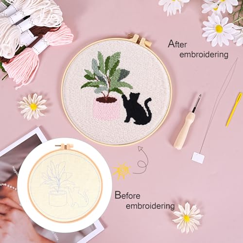 KESTAR Punch Needle Embroidery Starter Kits, Black Cat Flower Punch Needle Kits for Adults Beginner, Needle Punch Kit Tool with Instruction Threader Fabric Yarns and Hoop - color: Black Cat