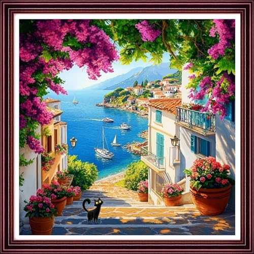 Funchey Counted Cross Stitch Kits for Adults Needlepoint Kits Unprinted Cross Stitching Embroidery Kit 11CT Cross Stitch Supplies-Seaside Town Flower Scenery 18x18 inch - color: ArtsKit05