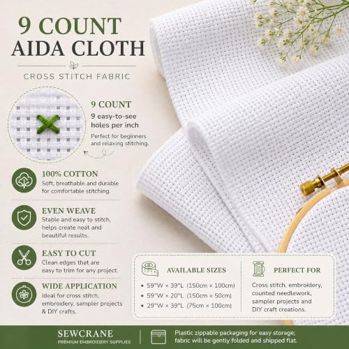 9 Count Aida Cloth Cross Stitch Fabric, White, 59" W x 39" L - size: W59" x L39"