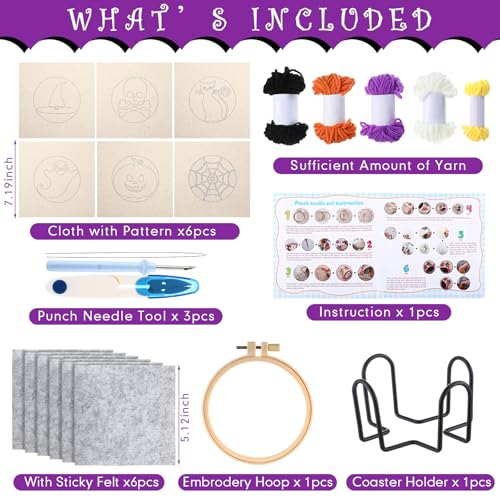 Yaomiao 6 Pcs Halloween Punch Needle Coaster Kit, Easy DIY for Beginners - style: Halloween