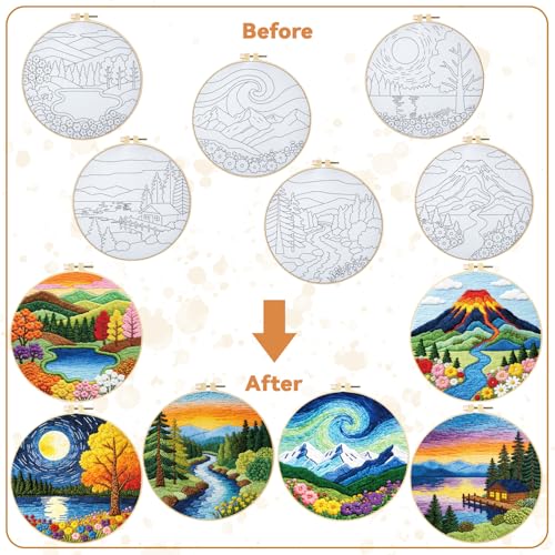 BEUNITONE 6 Pack Hand Embroidery Starter Kit for Adults with Pre-Print Scenery Pattern, Needlepoint Kits with Embroidery Hoop and Instructions, DIY Funny Craft Kits for Gifts and Home Decor - style: Scenery