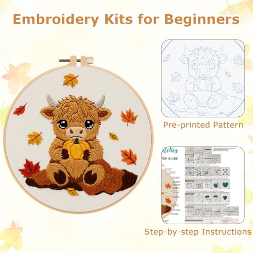 Louise Maelys Highland Cow Embroidery Kit for Beginners（Autumn - color: Highland Cow