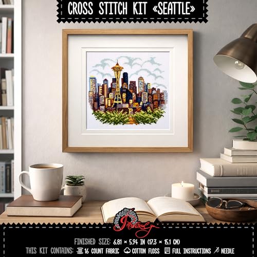 Povitrulya Counted Cross Stitch Kit for Adults “Seattle” - Cityscape Hand Embroidery Set with Paper Pattern, 14 Count Aida Cloth and Pre-Sorted Cotton Floss