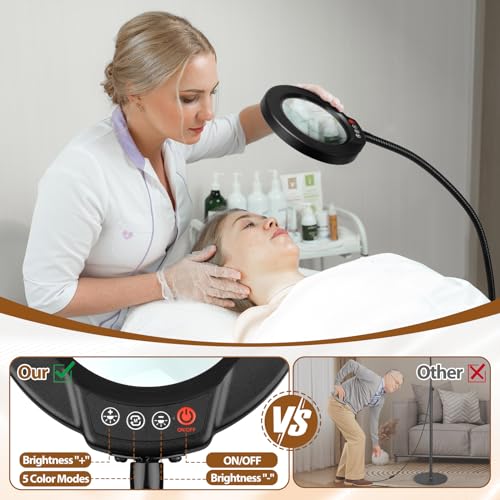 10X Magnifying Glass with Light and Stand, 24" Flexible Gooseneck Magnifying Floor Lamp, 3-in-1 LED 5 Color Modes Stepless Dimmable Lighted Magnifier Hands Free for Close Work, Hobby, Reading - color: Black