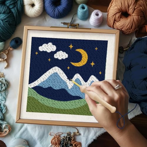 BEUNITONE 2 Sets Camping Punch Needle Kit for Beginners Scenery Theme Punch Embroidery Kits with Frame Instructions Embroidery Starter Kits with Art Night Pattern for Wall Painting 9.4'' x 9.4'' - color: 01-Mountain Scenery