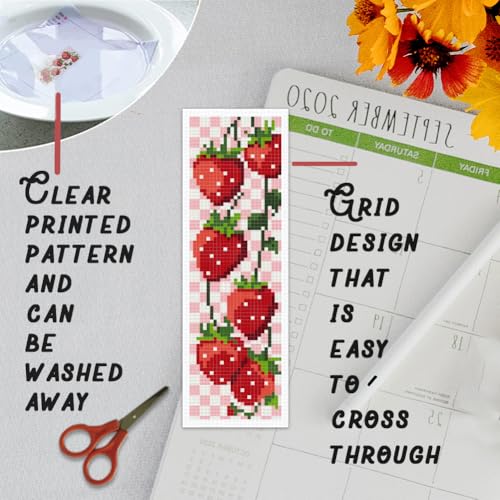BEUNITONE 6PCS Cross Stitch Bookmarks Kit for Adults Beginners,Strawberry Book Mark DIY Stamped Embroidery Bookmark Kits with Backing Felt Floss,8.5''x3'' Page Markers for Students Teachers Reading - style: Strawberry