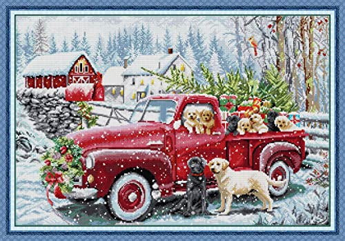 Howie's Needlepoint Cross Stitch Kits, 14CT Pre-Printed Pattern Embroidery Set Needlework, Full Range of Stamped Starter Kits(Christmas Delivery Van, 24.4 x 17.32 inch) - color: Christmas Delivery Van
