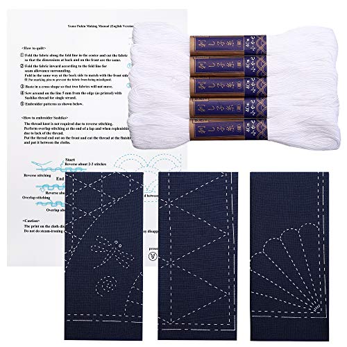 Sashiko kit, Yokota Sashiko Thread and Template Yume Fukin with Original English Manual, Fabric, Japanese Textile (White Thread/Navy Dishcloth 2) - color: White Thread / Navy Dishcloth 2