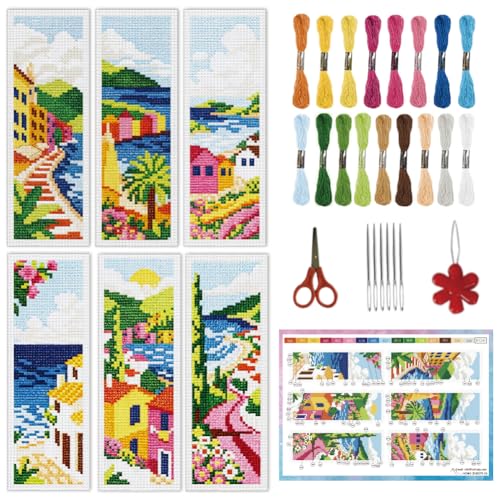 INFUNLY 6pcs Scenery Cross Stitch Bookmark Kit DIY Beach Stamped Embroidery Bookmark Kits 8.7×3.2" Mountain Needlepoint Kit with Instruction Town Easy Cross Stitch Kits for Book Lovers Readers - style: Scenery