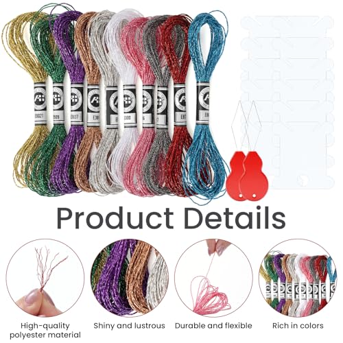 10Colors Metallic Sparkle Embroidery Floss Set, Glitter Cross Stitch Thread Including 10 Skeins Thread, 12pcs Plastic Bobbins and 2pcs Threaders for Cross Stitch DIY Craft (8m 12 Strands)