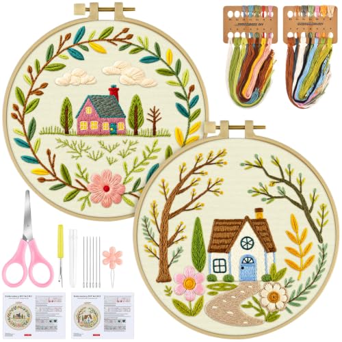 ERKOON Embroidery Kit for Adult Beginners, 2 Set Floral Cross Stitch Set Include Embroidery Cloth Hoops Threads for Craft Lover Hand Stitch with Embroidery Skill Techniques (Flower Cottage) - color: Flower Cottage