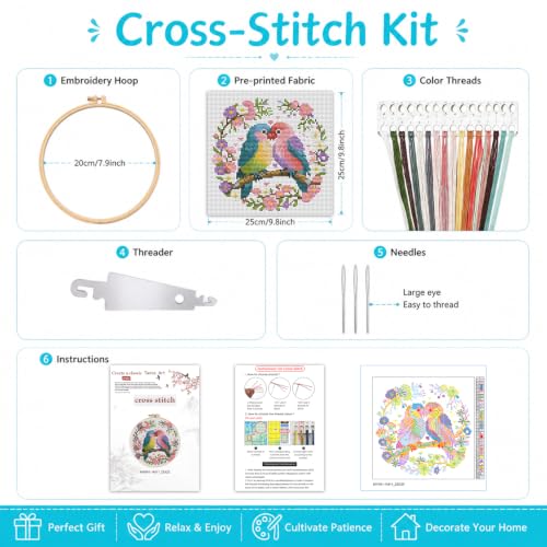 Stamped Cross Stitch Kits for Beginners Adults-Parrot,with Embroidery Hoop - color: Bird-2605