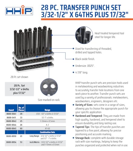 HHIP 8600-0041 28-Piece Transfer Punch Set – 3/32" to 1/2" by 64ths + 17/32", Precision Undersize .0025", Hardened Tool Steel, 4-7/8" Long, Black Oxide, Indexed Stand for Accurate Hole Transfer - size: 3/32-1/2", style: 28 Piece Inch Set