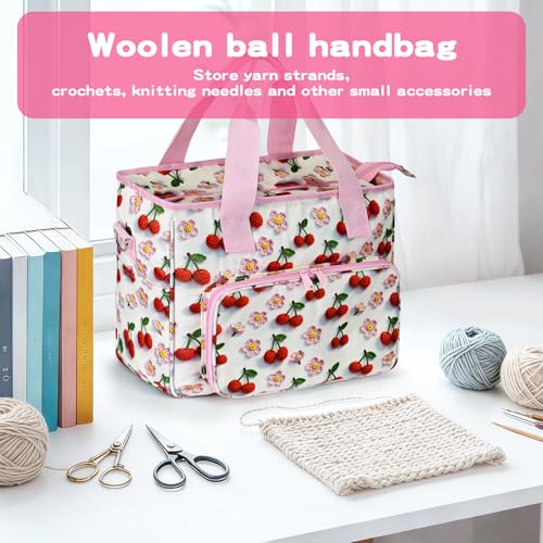 Large Crochet Bag for Yarn Storage - 6-Pocket Knitting Tote Organizer with Eyelets & Elastic Loops, Tear-Resistant Canvas Project Bag for Needles/Hooks, Portable Workstation for Crocheters (Cherry)
