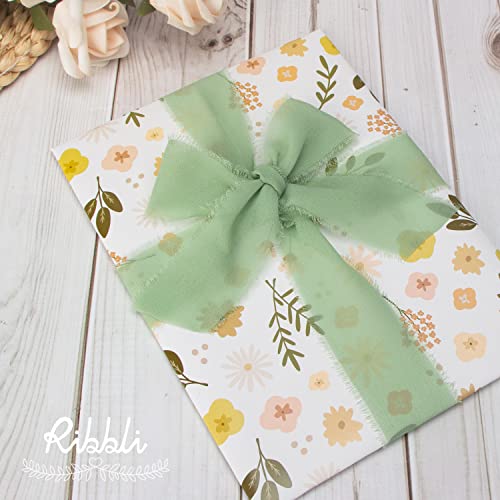 Ribbli Sage Green Chiffon Ribbon 1-1/2 inch x 30 Yard Handmade Fringe Chiffon Sage Silk, Sage for Wedding Invitations, Bridal Bouquets Wrapping, Flower Arrangement Decoration - color: Sage Green