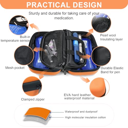 Insulin Cooler Travel Case TSA Approved 2*180g Ice Pack,Temp Display - color: Orange