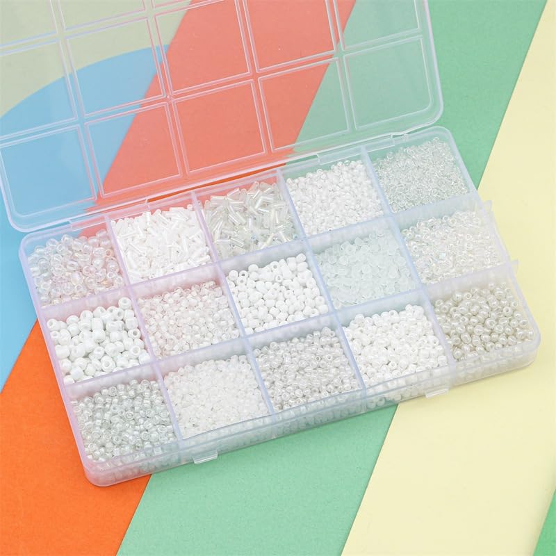 15 Grid White Glass Seed Bugle Tube Beads Kit for Jewelry Making DIY Craft - color: White, size: 15 Grid