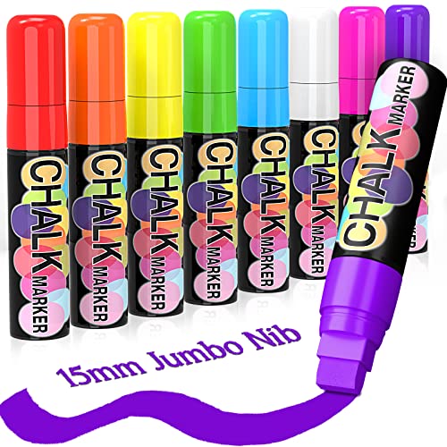Window Paint Markers for Glass Washable: 8 Pack 15mm Jumbo Liquid Chalk Marker, Neon Glass Markers Pen, Wet Erase for Cars, Auto, White Board, Chalkboard, Black board, Tire, Mirrors, Bistro - 8 Colors - color: Multicolor