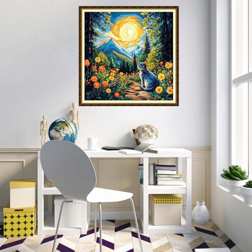Redxing Counted Cross Stitch Kit for Beginners,Unprinted Needlepoint Kits for Beginners Cross Stitching Embroidery Kit 11CT Stitches kit-Cat Admiring the Moon 18x18 inch - color: KitColors11