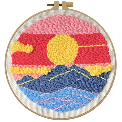 Esffaci Punch Needle Kit for Adults Beginner Starter Punch Embroidery Kit with Sunset Clouds Mountain Landscape Pattern DIY Punch Stitch Supplies with Stamped Fabric Yarn Hoop Tool Instruction - color: Sunset