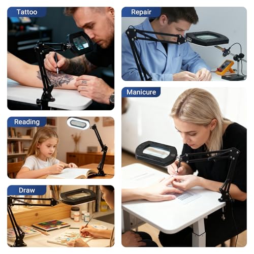 LIWEIGHT 15X Magnifying Glass with [Auto-Timer], Rectangular Real Glass Lens, 5 Color Dimmable Lamp with Stand & Clamp, Professional Hands-Free Magnifier for Reading, Sewing